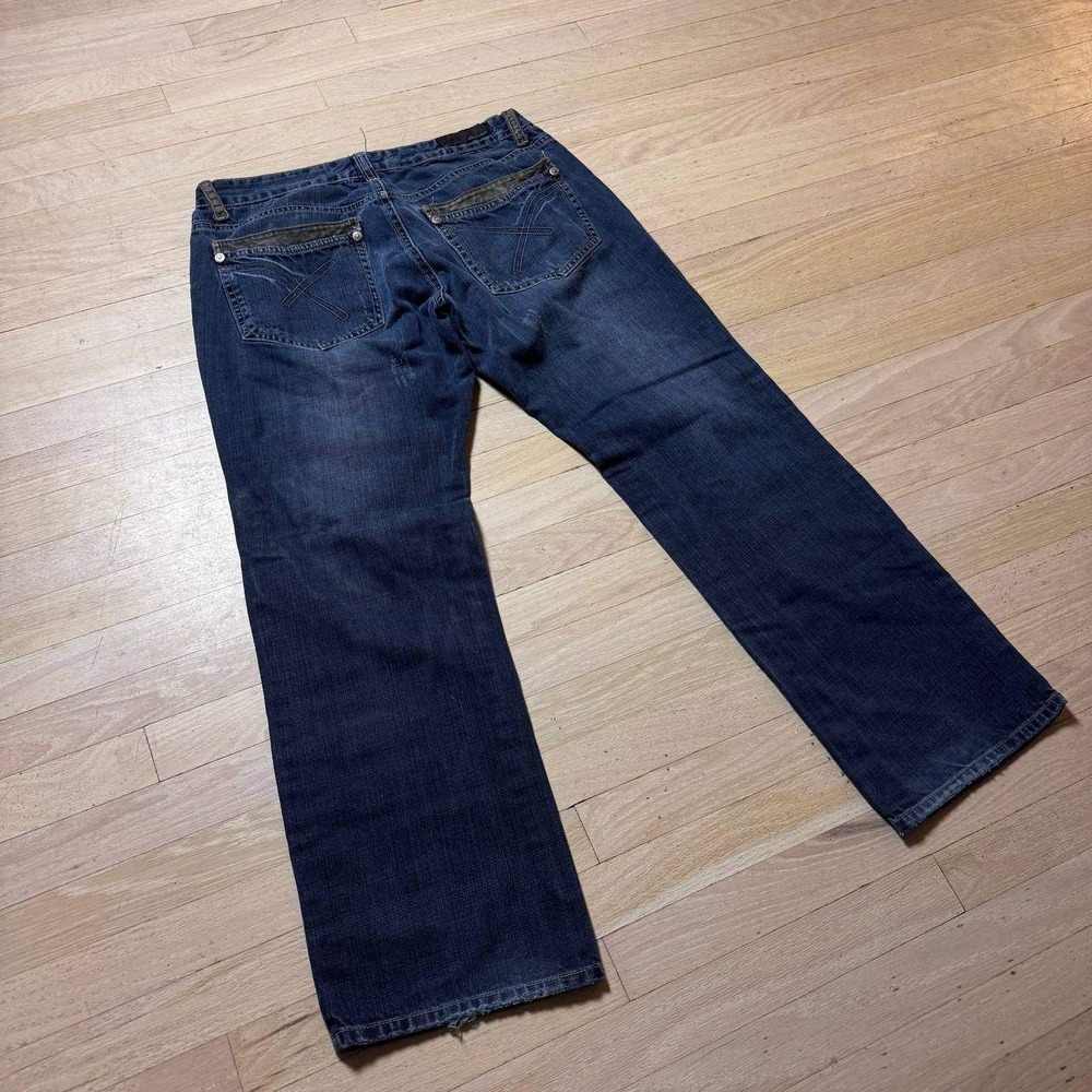 Projek Raw Mens Straight Leg Jeans Dark Wash Faux Leather Trim Distressed Blue